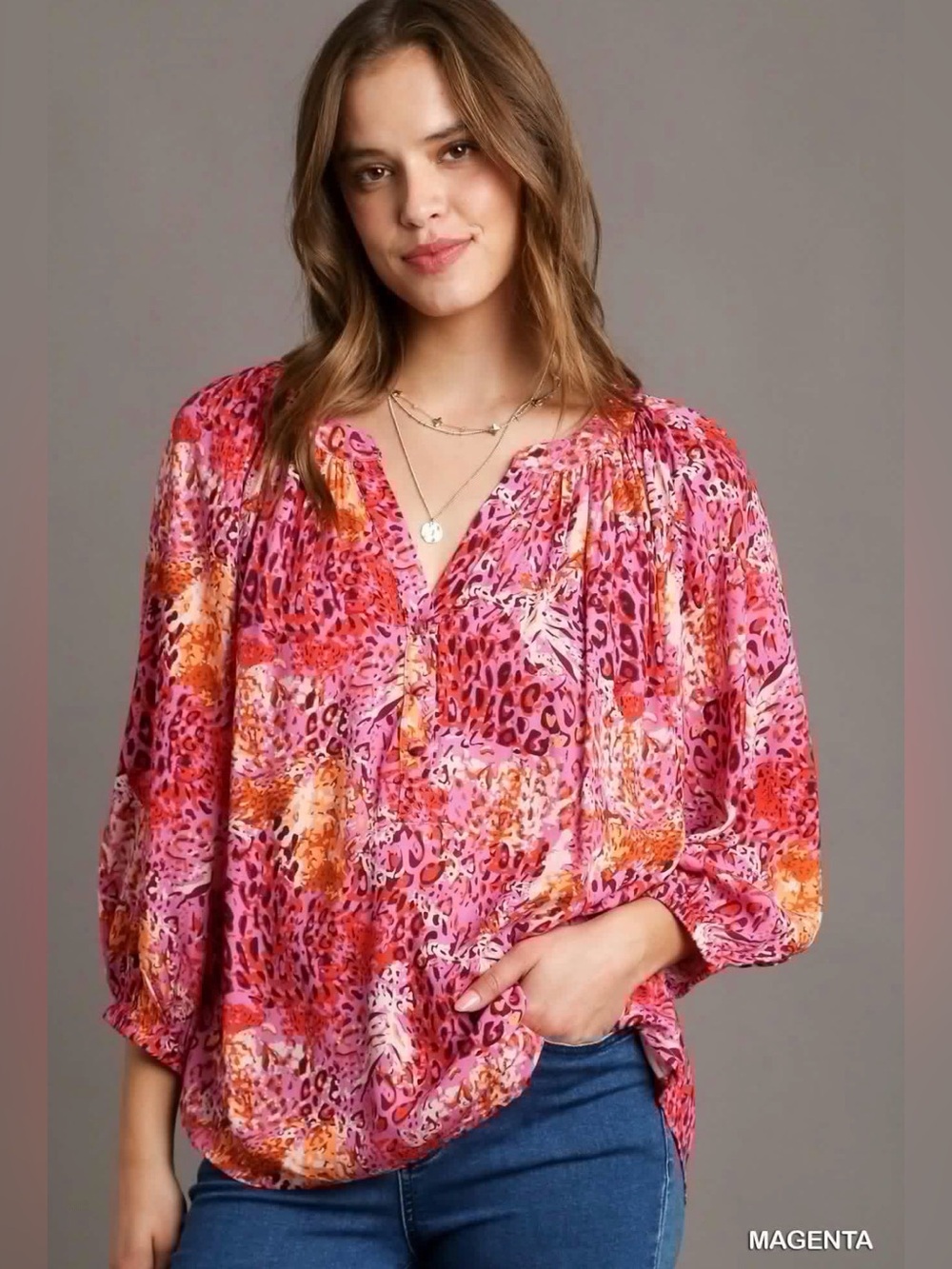 Umgee magenta mixed print 3/4 sleeve top size large